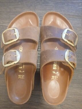 Birkenstock Womens Brown Double-Strap Sandals with Gold Buckles